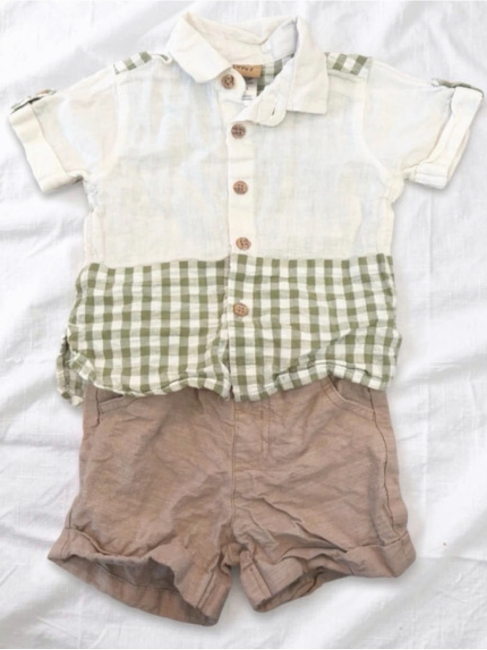 Mario Lopez Baby Boy 18M 100% Cotton Outfit Set Green Gingham Shirt Shorts